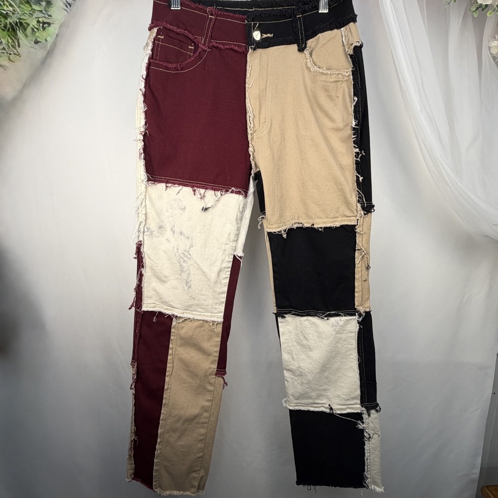 Women's Color Block Patchwork Khakis Pants Beige Burgundy Cream Frayed Hem 26x29